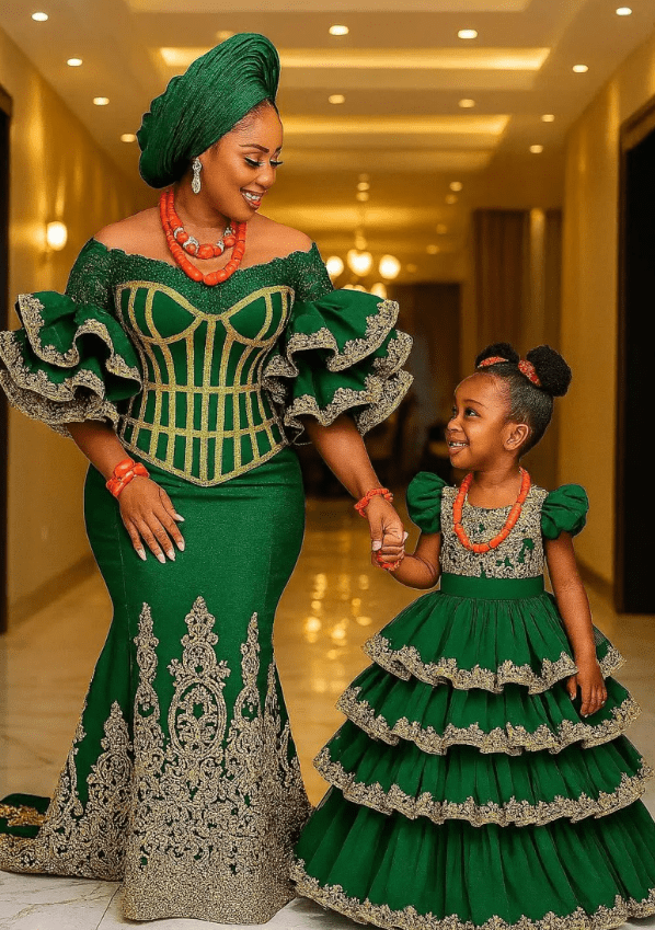 Mother and daughters wearing the same matching dress